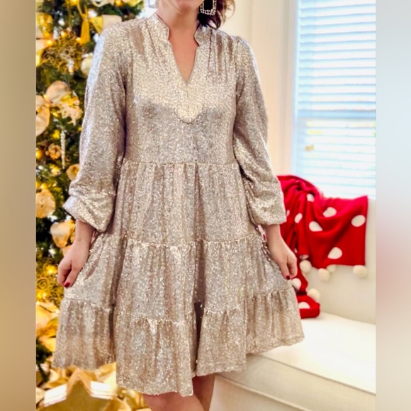 CROWN & IVY Shimmering Gold Sequin Long Sleeve Tiered Midi Dress - Picture 1 of 16